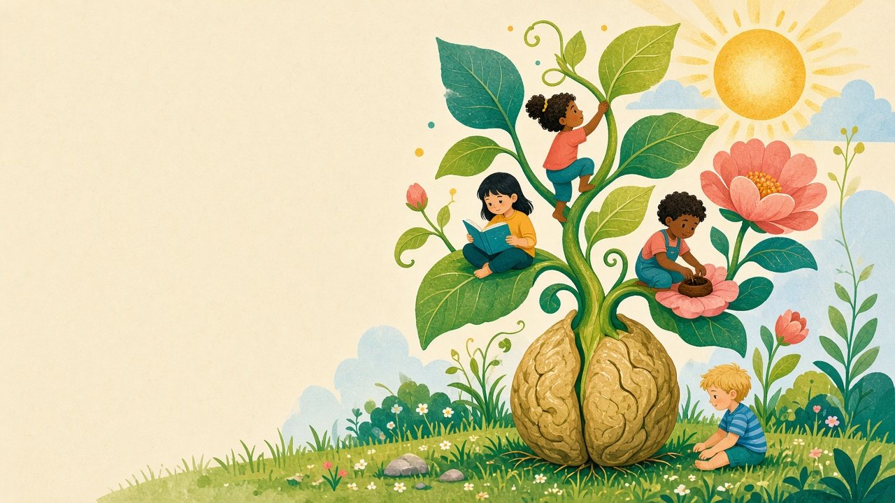 Storybook illustration of children reading, climbing, and gardening on a giant leafy plant that sprouts from a brain-shaped seed under a warm sun.